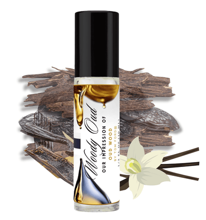 HauteBlends Woody Oud pure perfume oil concentrate inspired by TF Oud Wood — 10ml travel-size clear glass rollerball bottle with a sleek black cap, styled against an artistic background of rich agarwood and exotic cardamom notes.